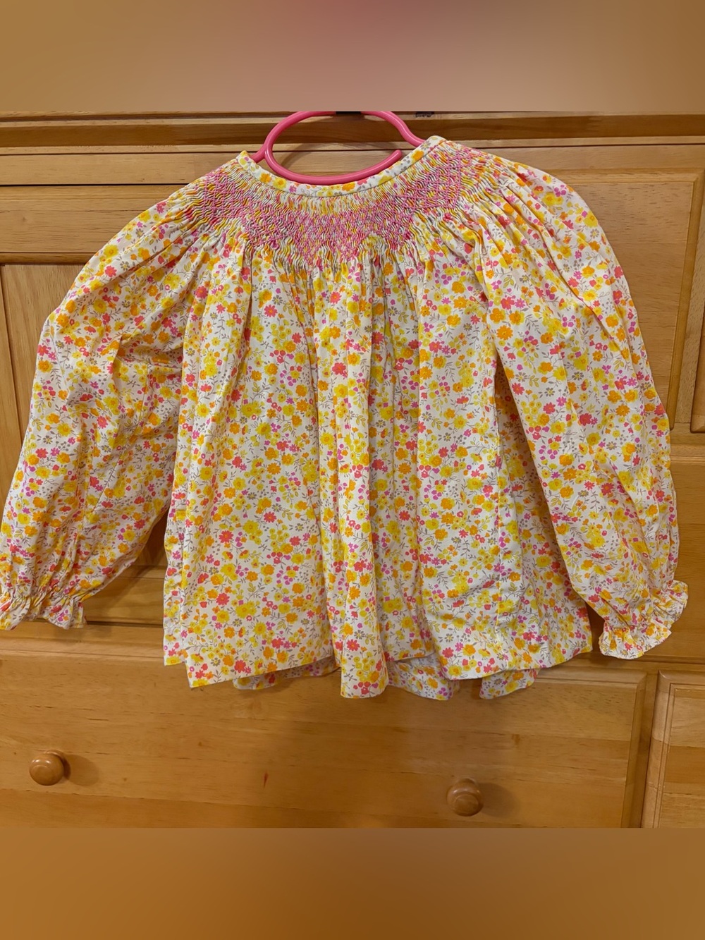 Little English Girl's Yellow and Pink Floral Bishop-Style Smocked Top Size 3T